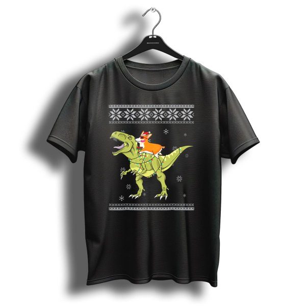 Corgi With Christmas Lights Riding T Rex Dinosaur In Holiday T Shirt 1 t shirt 1