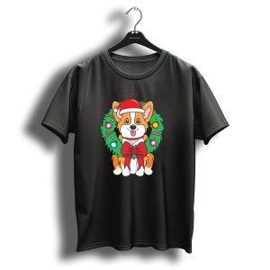 Corgi With Santa Hat And Christmas Wreath With Bow And Ornaments T-Shirt