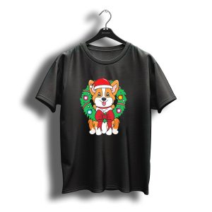 Corgi With Santa Hat And Christmas Wreath With Bow And T-Shirt