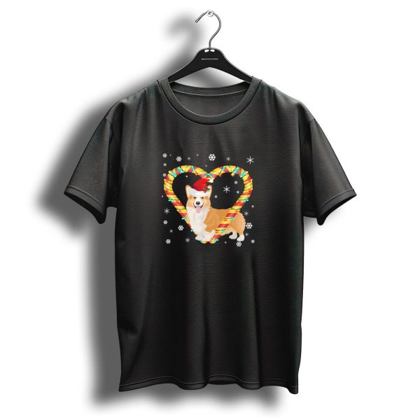 Corgi With Santa Hat In Candy Cane Heart And Christmas Lights T Shirt 1 t shirt 1