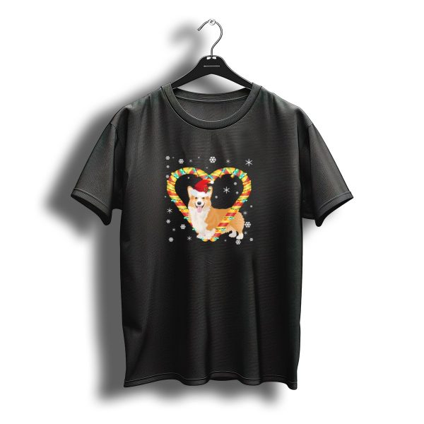 Corgi With Santa Hat In Candy Cane Heart And Christmas Lights T Shirt t shirt 1