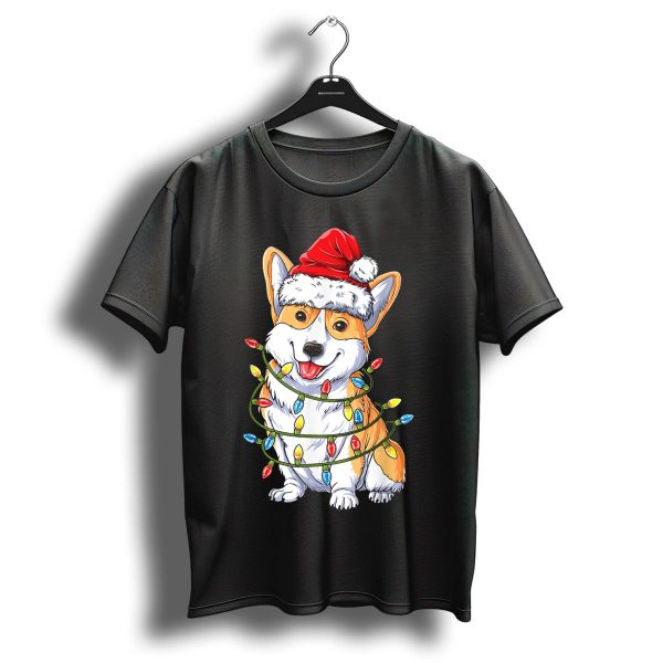 Corgi Wrapped In Christmas Lights With Santa Hat T Shirt 1 t shirt 1