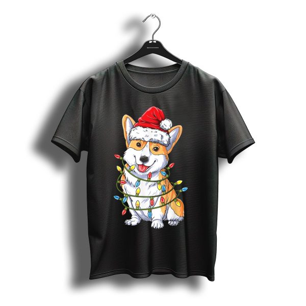 Corgi Wrapped In Christmas Lights With Santa Hat T Shirt t shirt 1