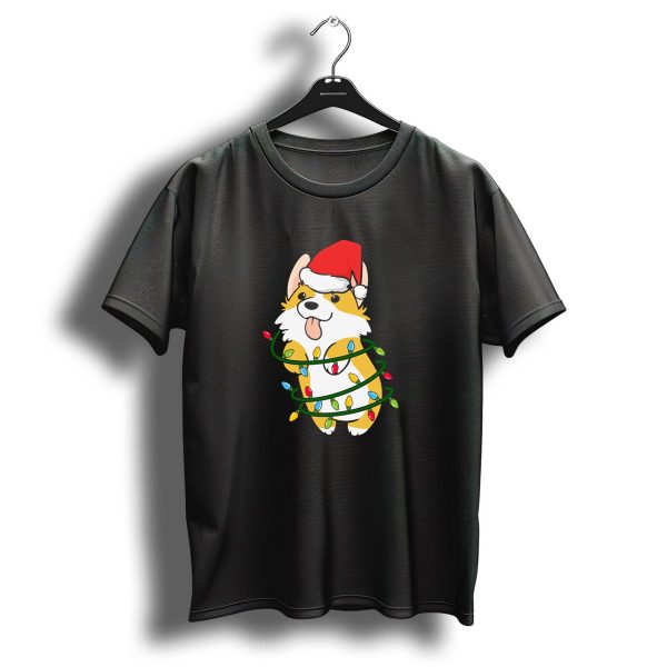 Corgi Wrapped In Christmas Tree Lights With Santa Hat T Shirt 1 t shirt 1