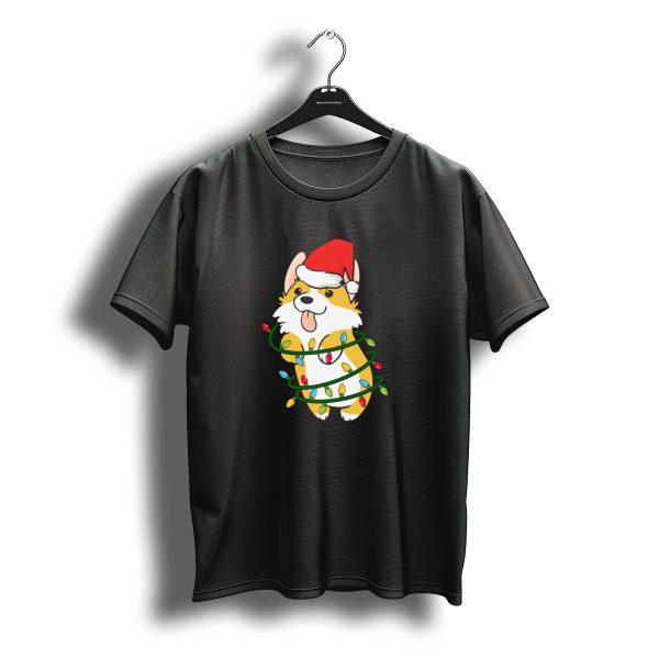 Corgi Wrapped In Christmas Tree Lights With Santa Hat T Shirt t shirt 1