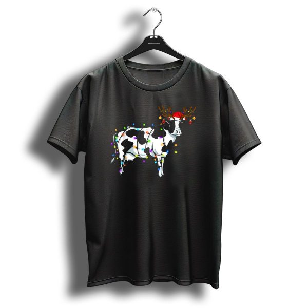 Cow With Christmas Lights And Reindeer Antlers Santa Hat T Shirt 1 t shirt 1