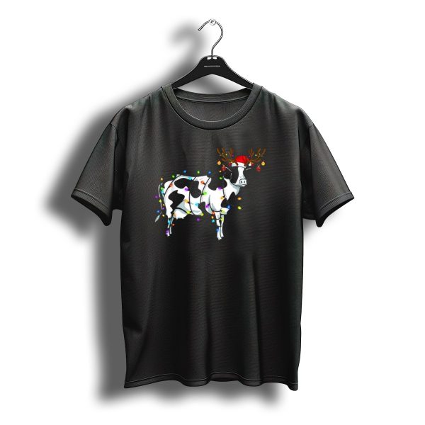 Cow With Christmas Lights And Reindeer Antlers Santa Hat T Shirt t shirt 1