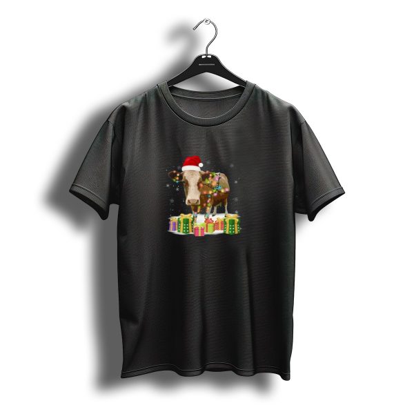 Cow With Santa Hat And Christmas Lights Surrounded By Holiday Gifts T Shirt t shirt 1