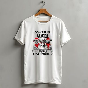 Cowbells Ring Are You Listening Christmas Cows In Festive Hats And Lights T Shirt 1