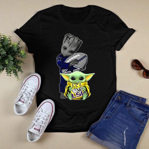 Cowboys Football Groot And Lsu Yoda With Football And Tiger T Shirt Black 1