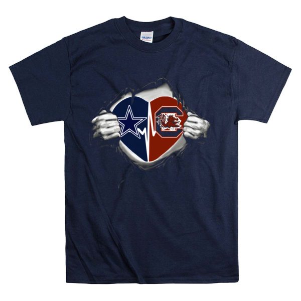 Cowboys Gamecocks Heart Design with Dallas Star and Gamecock Emblem T Shirt 1 Navy