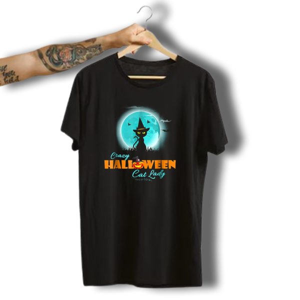 Crazy Halloween Cat Lady Witchy Cat Under Full Moon T Shirt t shirt 1