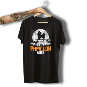 Crazy Papillon Witch Dog Halloween Moon T-Shirt