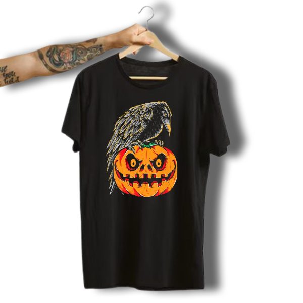 Creepy Black Raven Perched On Retro Vintage Pumpkin Halloween T Shirt t shirt 1