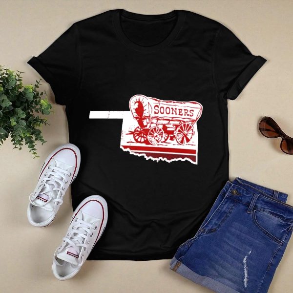 Crimson Oklahoma Sooners Sooner Schooner Wagon Outline Fan T Shirt 1