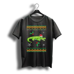 Crocodile Santa Ugly Christmas Pattern With Snowflakes And Holly T-Shirt