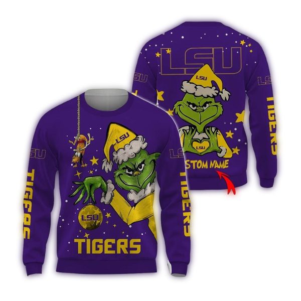 Custom Name NCAA LSU Tigers Ugly Sweater Grinch Funny Christmas Football Sweater 1