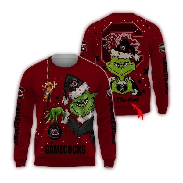 Custom Name NCAA South Carolina Gamecocks Ugly Sweater Grinch Funny Christmas Football Sweater 1