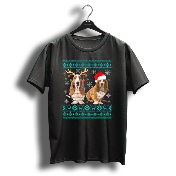 Cute Basset Hound Dog With Christmas Lights Antlers Santa Hat Snowflakes And Reindeer T Shirt 1 t shirt 1