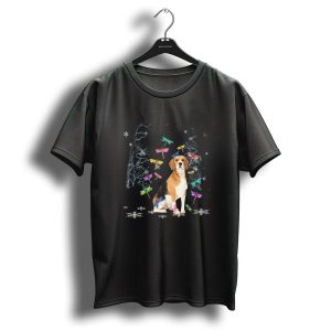 Cute Beagle With Dragonflies In Snowy Christmas Scene T-Shirt