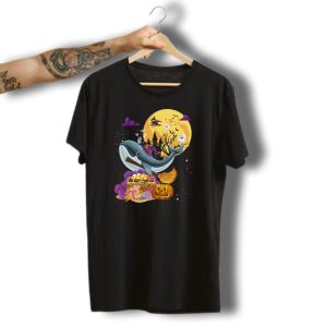 Cute Blue Whale Witch Halloween Broom Night Moon Scene T-Shirt
