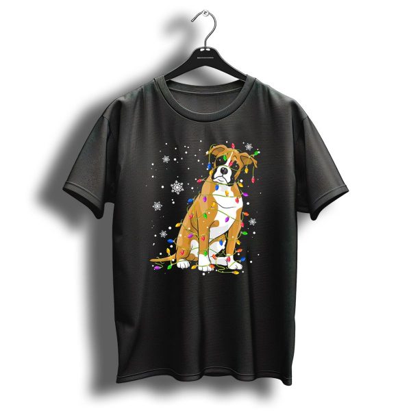 Cute Boxer Dog Wrapped In Christmas Tree Lights With Snowflakes And Holiday Spirit T Shirt 1 t shirt 1