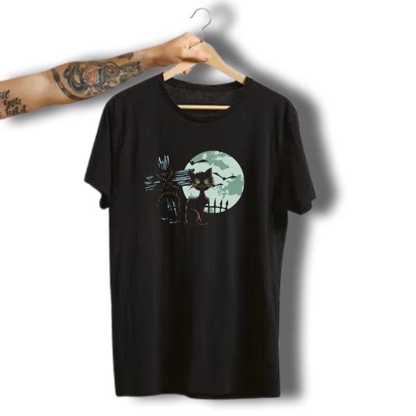 Cute Cat Halloween Monster Full Moon Bats Cross Graveyard T Shirt t shirt 1