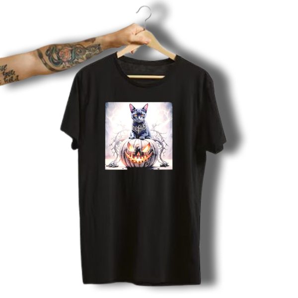 Cute Cat On Pumpkin Horror Face Halloween T Shirt t shirt 1