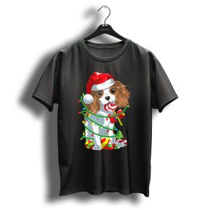 Cute Cavalier King Charles Spaniel Dog In Santa Hat With Christmas Lights And Candy Cane T-Shirt