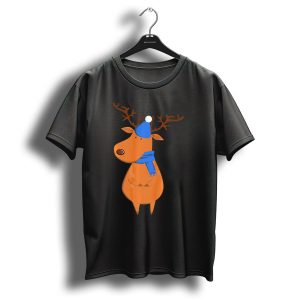Cute Deer Funny Ugly Christmas Sweater Design With Blue Scarf And Hat T-Shirt
