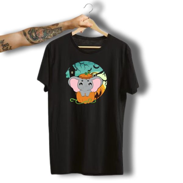 Cute Elephant In Pumpkin With Spooky Halloween Background T Shirt t shirt 1