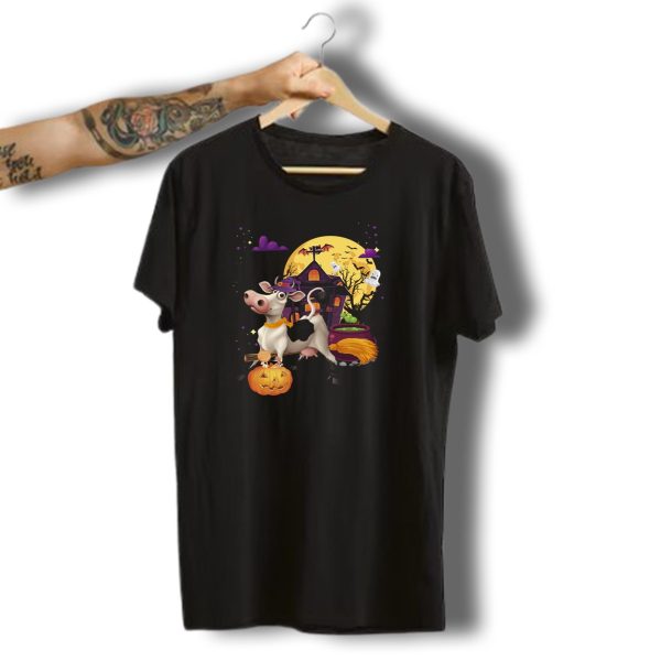 Cute Farm Cow Moo Witch Broom Pumpkin Halloween Ghosts Bats Haunted House Moon T Shirt t shirt 1