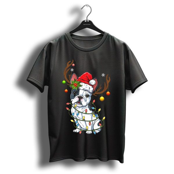 Cute Frenchies Dog Christmas Santa Hat Antlers Lights Holiday Ornaments T Shirt 1 t shirt 1
