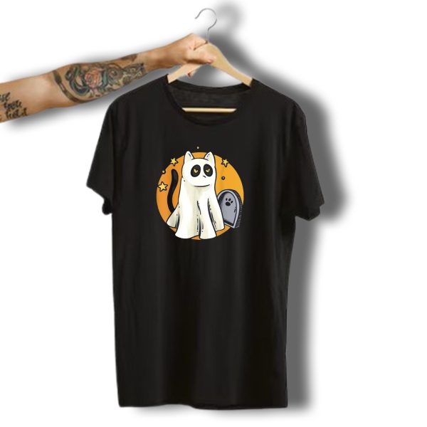 Cute Ghost Cat Halloween Outfit Black Cat With Stars And Tombstone T Shirt t shirt 1