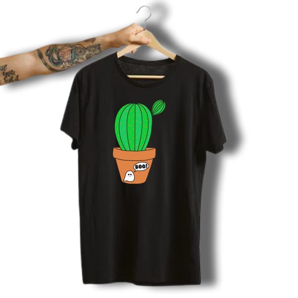 Cute Green Cactus Saying Boo With Halloween Ghost In Terracotta Pot T Shirt t shirt 1