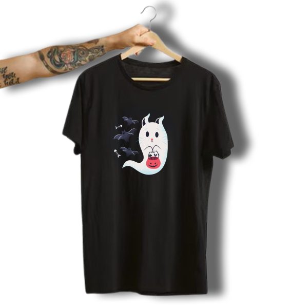 Cute Halloween Cat Ghost With Pumpkin And Bats T Shirt t shirt 1
