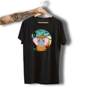 Cute Halloween Elephant Inside Pumpkin With Spooky Background T-Shirt