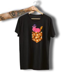 Cute Halloween Hippopotamus Pumpkin Pocket With Witch Hat And Broom T-Shirt