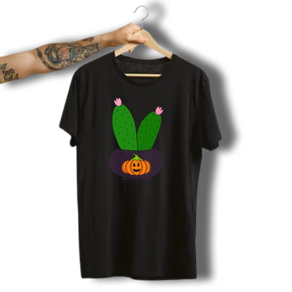 Cute Halloween Pumpkin Pot With Blossom Cacti T Shirt t shirt 1