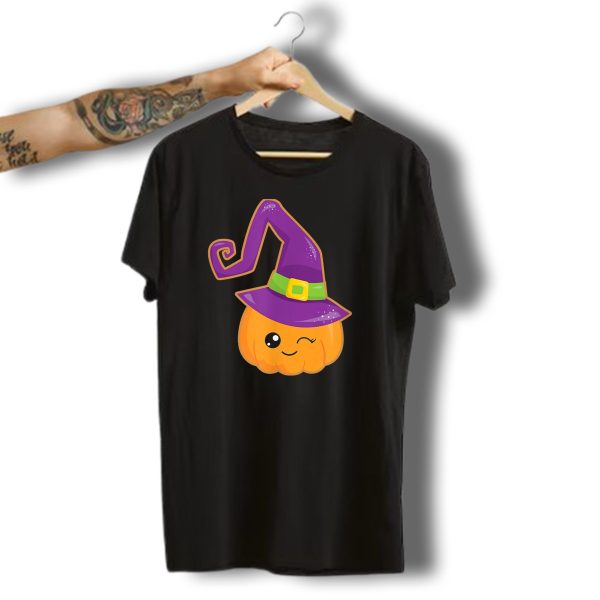 Cute Halloween Pumpkin With Purple Witch Hat And Winking Face T Shirt t shirt 1