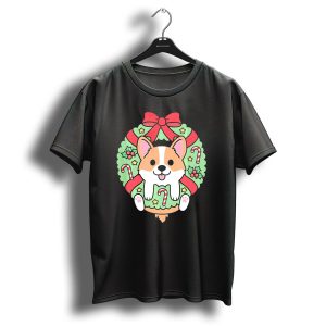 Cute Little Corgi In Christmas Wreath With Candy Canes And Bow T-Shirt