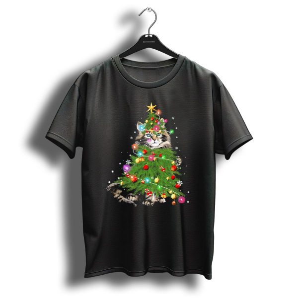 Cute Maine Coon Cat Surrounded By Christmas Tree Lights And Ornaments T Shirt 1 t shirt 1