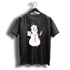 Cute Nurse Snowman With Stethoscope And Syringe In Winter Christmas Scene T-Shirt