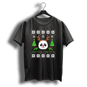 Cute Panda Rudolph Reindeer Christmas Snowflakes Trees Festive Lights T-Shirt
