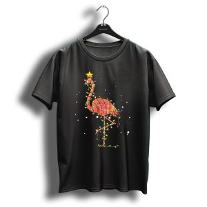 Cute Pink Flamingo Wrapped In Christmas Lights With Star On Head T-Shirt