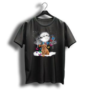Cute Poodle With Butterflies Moon And Snowy Christmas Scene T-Shirt
