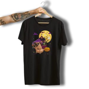 Cute Pug Wine Witch Halloween Party With Pumpkin And Ghosts T-Shirt