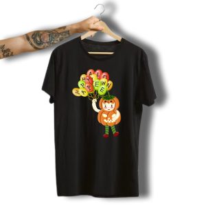 Cute Pumpkin Costume Kid With Happy Halloween Balloon Letters T-Shirt
