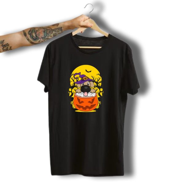 Cute Puppy Wizard In Halloween Pumpkin With Witch Hat And Full Moon T Shirt t shirt 1