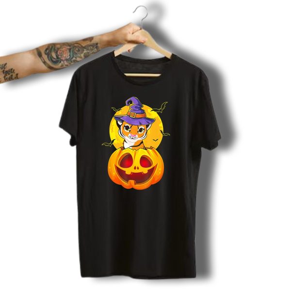 Cute Tiger In Witch Hat Inside Jack O Lantern With Halloween Moon And Bats T Shirt 1 t shirt 1